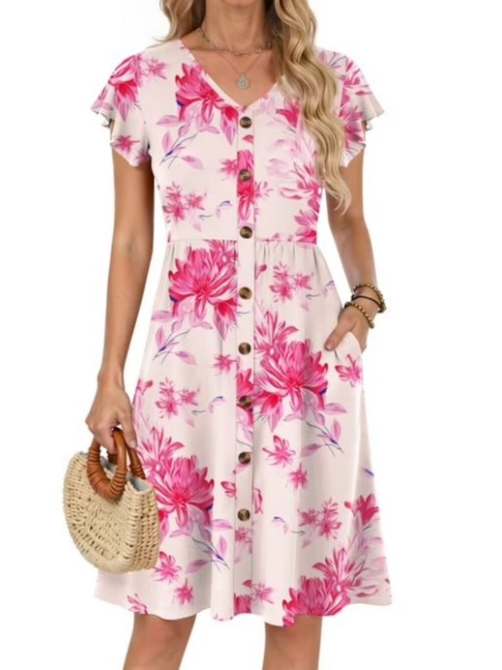 Fantaslook Pink Floral Dress 2XL V Neck Ruffle Sleeve Midi Pockets